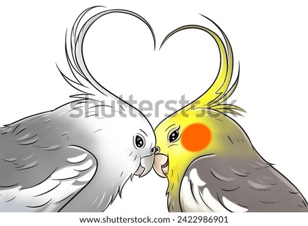 Illustration of isolated on white pair of nimpha cockatiel birds with heart