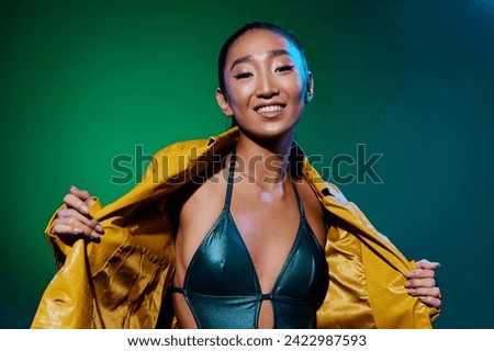 Woman neon studio disco beauty light yellow trendy fashion green colorful