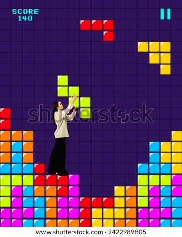 Modern aesthetic artwork. Young woman, student putting colorful box to correct order in video game. Concept of gaming culture, business development, career and financial growth. Ad