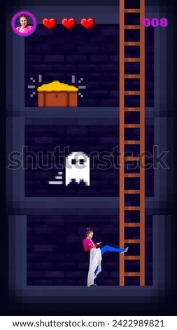 Contemporary art collage. Fashion dressed young lady must to climbing on ladder and fight with ghost to find treasure chest. Concept of gaming culture, business, career and financial growth. Ad
