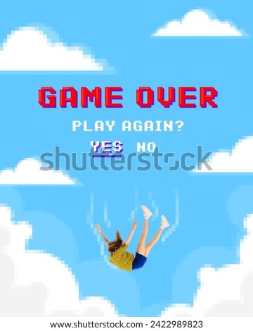 Modern aesthetic artwork. Game over. Young lady falling down as video-game character against cloudy sky. Pixeled design. Concept of gaming culture, business, quitting, burnout. Ad