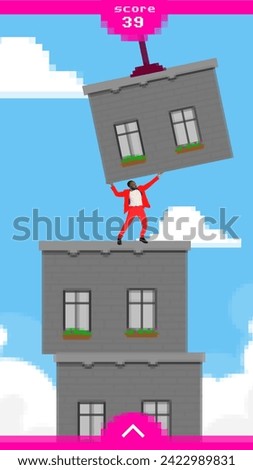 Modern aesthetic artwork. Business man in vivid red official suit holds block of home in videogame against background with cloudy sky. Concept of gaming culture, business development, startup. Ad