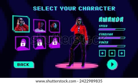 Modern aesthetic artwork. Online gaming. Young woman dressed futuristic fashion outfit looks as video-game character. Concept of self-expression, self development and career growth, level up. Ad