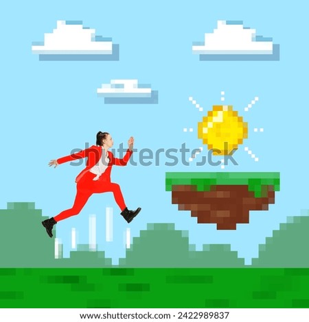 Contemporary art collage. Achieve goals. Young lady in red official attire looks as game character and fast running against pixel world. Concept of business, gaming culture, virtual reality.