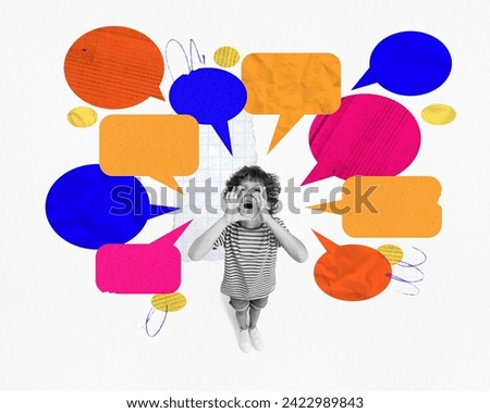 Poster. Contemporary art collage. Child holds hands near mouth and shouting with vivid colorful speech bubbles. Copy space. Concept of gossips, fake and important news. Trendy magazine style. Royalty-Free Stock Photo #2422989843