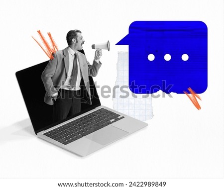 Poster. Contemporary art collage. Work hunter. Young man loudly shouting to megaphone standing in laptop with blank screen. Concept of business, communication, social media, news. Ad Royalty-Free Stock Photo #2422989849