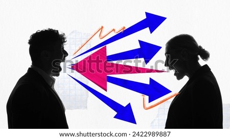 Poster. Contemporary art collage. Couple arguing and arrows flying out of their mouths symbolize rudeness and aggression. Concept of conflict, break, mental pressure, relationships. Ad Royalty-Free Stock Photo #2422989887