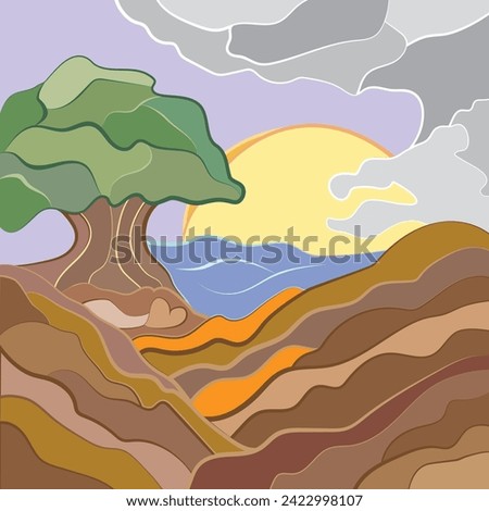 Enchanting Serenity: Exquisite Vector Art Depicting the Harmonious Fusion of Moonlit Tree and Rich Earthy Soils Royalty-Free Stock Photo #2422998107