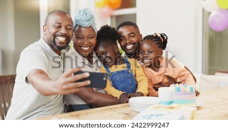 Selfie, birthday and black family of children and parent together for bonding, love and care. African woman, man and happy kids at home for a picture, quality time and bonding or fun at a party