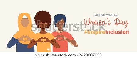 #InspireInclusion. 8 march. Banner International Women's Day. Women of different ethnicities together.  Faceless vector illustration. EPS 10 Royalty-Free Stock Photo #2423007033
