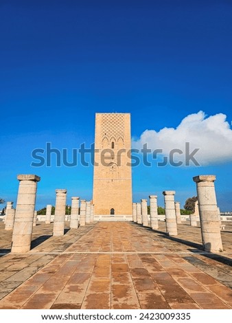 Scenic view of Hassan Tower or Tour Hassan , the minaret of an incomplete mosque in Rabat, Morocco. Royalty-Free Stock Photo #2423009335