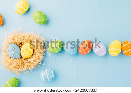 Top view holiday banner background web design white easter eggs in brown nest on white cement background with empty copy space, celebration greeting card, overhead, template, Happy Easter Day Concept