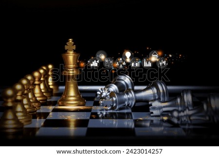 Chess, Business, Strategic Concepts of Victory Business concept, futuristic graphic icons, stock investing and golden chess board game. black tone background