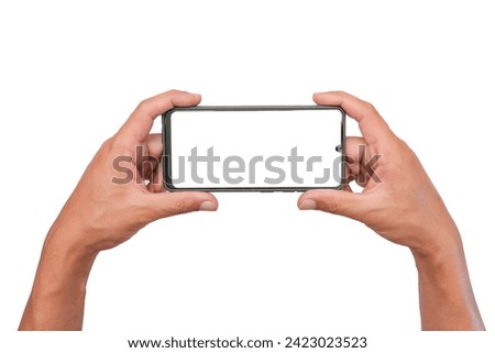  Men hand holding a blank smartphone display by two hands. game playing.take a photography. website searching online shopping and entertainment.