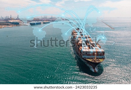 Aerial view of a large container ship at sea with a digital global tracking system overlay, symbolizing modern logistics and shipping routes.
 Royalty-Free Stock Photo #2423033235