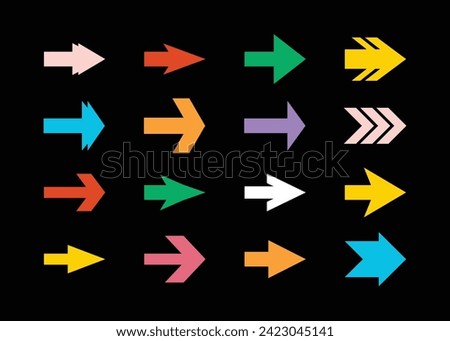 Trendy colorful isolated pointy sharp edge direction arrows icons design element set with different shapes on black background