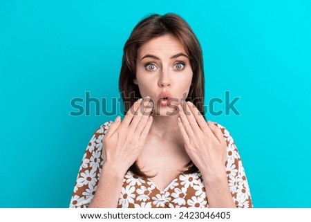 Closeup photo of pretty young woman brunette hair touch cheeks surprised plump lips speechless isolated on aquamarine color background