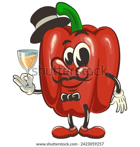 vector isolated clip art illustration of cute bell peppers mascot in a hat and bow tie raising a wine glass, work of handmade