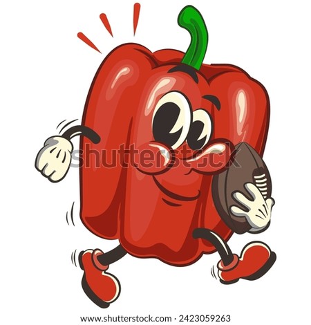 vector isolated clip art illustration of cute bell peppers mascot playing american football with an oval ball, work of handmade