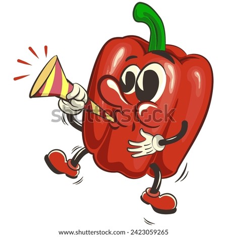 vector isolated clip art illustration of cute bell peppers mascot blowing party trumpet, work of handmade