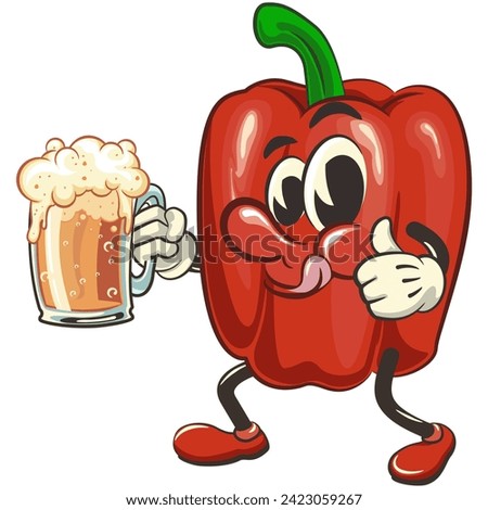 vector isolated clip art illustration of cute bell peppers mascot raising a large beer glass while giving a thumbs up, work of handmade