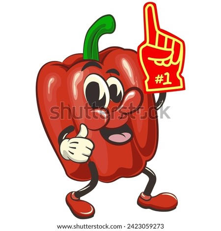 vector isolated clip art illustration of cute bell peppers mascot raising a foam finger, work of handmade
