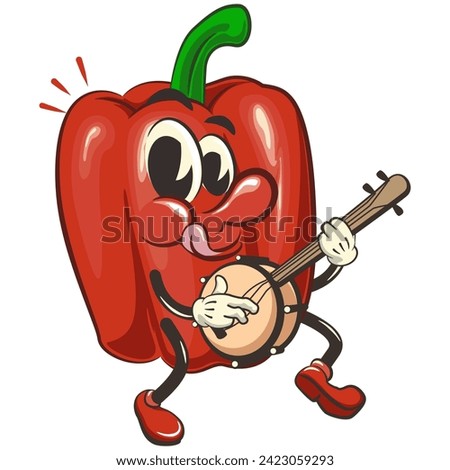 vector isolated clip art illustration of cute bell peppers mascot playing a banjo musical instrument, work of handmade