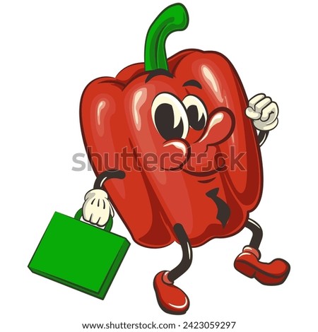 vector isolated clip art illustration of cute bell peppers mascot wearing a tie and carrying a suitcase rushing to the office, work of handmade