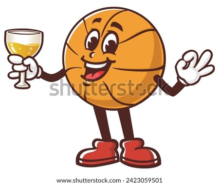 Basketball with a glass of drink and okay hand pose cartoon mascot illustration character vector clip art hand drawn
