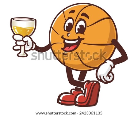 Basketball with a glass of drink cartoon mascot illustration character vector clip art hand drawn