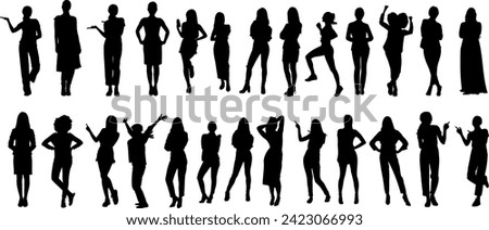 Woman Silhouette, various poses of women, black figures, white background. Ideal for fashion, design projects, illustrations. Diverse styles, postures, standing, dancing, walking Royalty-Free Stock Photo #2423066993