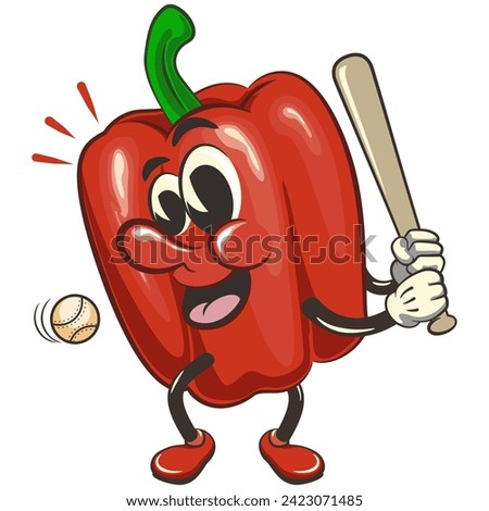 vector isolated clip art illustration of cute bell peppers mascot ready to hit a baseball with a bat, work of handmade