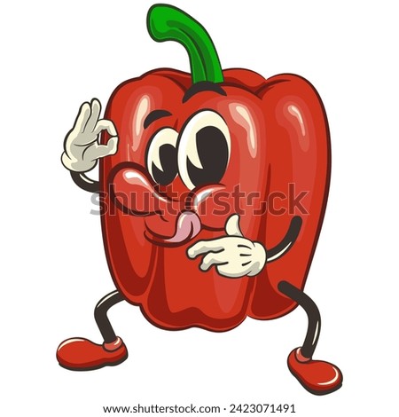 vector isolated clip art illustration of cute bell peppers mascot giving delicious sign, work of handmade