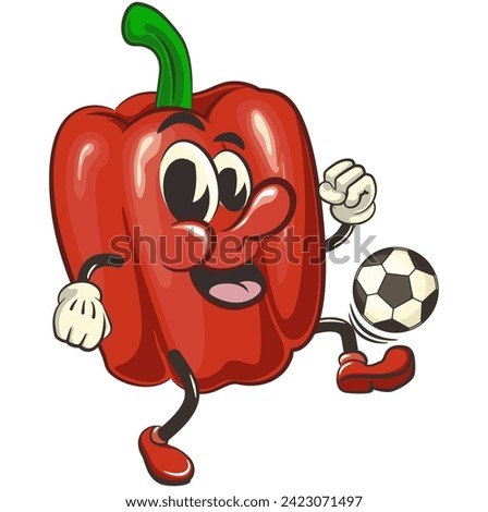 vector isolated clip art illustration of cute bell peppers mascot playing football or soccer, work of handmade