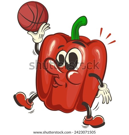 vector isolated clip art illustration of cute bell peppers mascot playing basketball, work of handmade