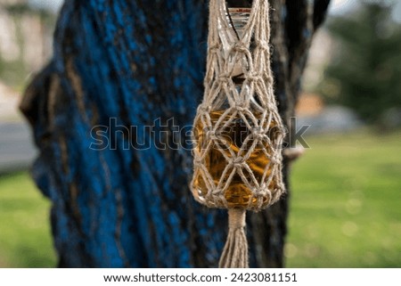 Close-up of a whiskey bottle in a hand-knotted jute macramé holder, revealing intricate patterns. A partially blue-painted tree trunk in the background adds a unique touch to the composition.