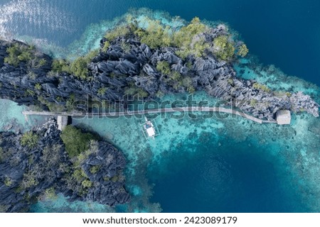 Aerial view of the beautiful mountains, with their turquoise waters with a beautiful walkway. At Twin Lagoon, Coron Island, Philippines.