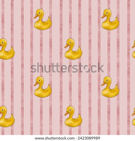 classic yellow rubber duck. seamless pattern. pink background with stripes. for wallpaper, a shower curtain, for a nursery, for overalls or bodysuits