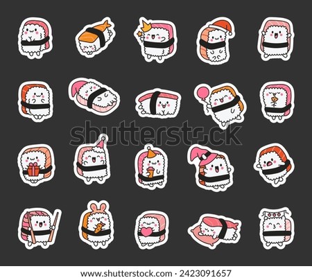 Happy sushi characters in different poses. Sticker Bookmark. Funny cartoon food. Hand drawn style. Vector drawing. Collection of design elements.