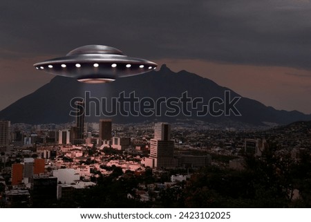Alien spaceship emitting light over buildings in city. UFO, extraterrestrial visitors