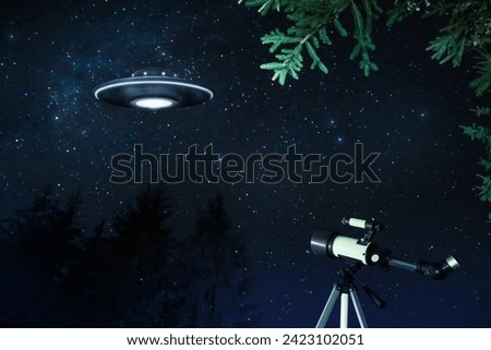 UFO. Alien spaceship in starry sky at night. Extraterrestrial visitors