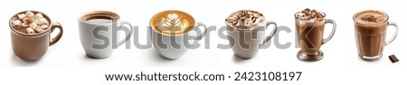 Set with different types of coffee cup, cappuccino, black coffee, Choco latte, hot chocolate. Various types of coffee drinks collection set isolated on white background.