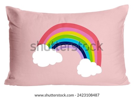 Soft pillow with printed cute rainbow and clouds isolated on white Royalty-Free Stock Photo #2423108487
