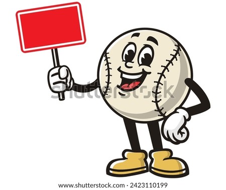Baseball with blank sign board or scoreboard cartoon mascot illustration character vector clip art hand drawn