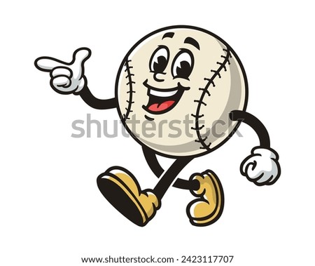 walking Baseball with pointing finger cartoon mascot illustration character vector clip art hand drawn