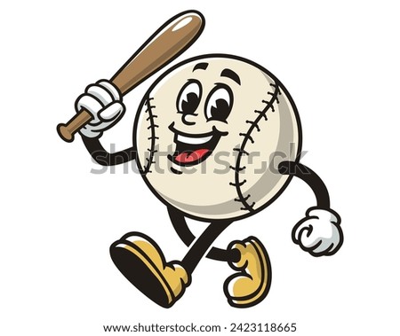 walking Baseball with bat cartoon mascot illustration character vector clip art hand drawn