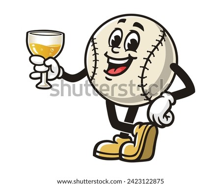 Baseball with a glass of drink cartoon mascot illustration character vector clip art hand drawn