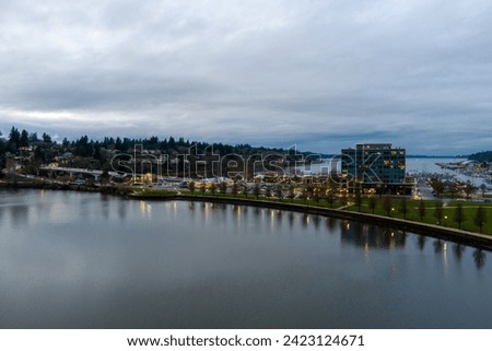 The Olympia, Washington waterfront at sunset in December Royalty-Free Stock Photo #2423124671