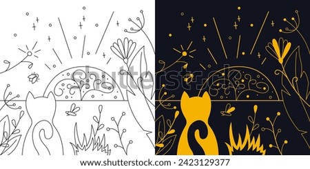Mystical landscape with flowers and a cat. Two-color and black and white outline vector illustration.