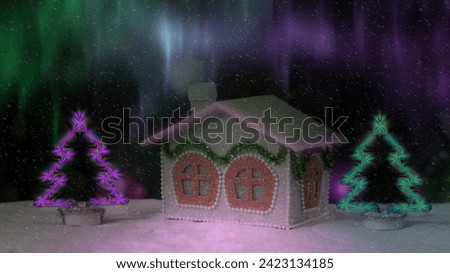 The house is decorated with a green garland.  Bright Christmas trees with neon.  Northern lights background.  Winter picture.